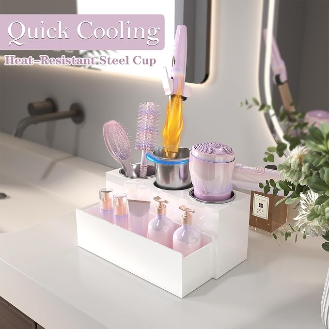 Hair Tool Organizer, Removable Blow Dryer Holder for Bathroom, Hot Tools Organizer For Hair Dryer, Blow Dryer, Curling Iron, Hair Straightener, Bathroom Countertop Organizer, Glossy White