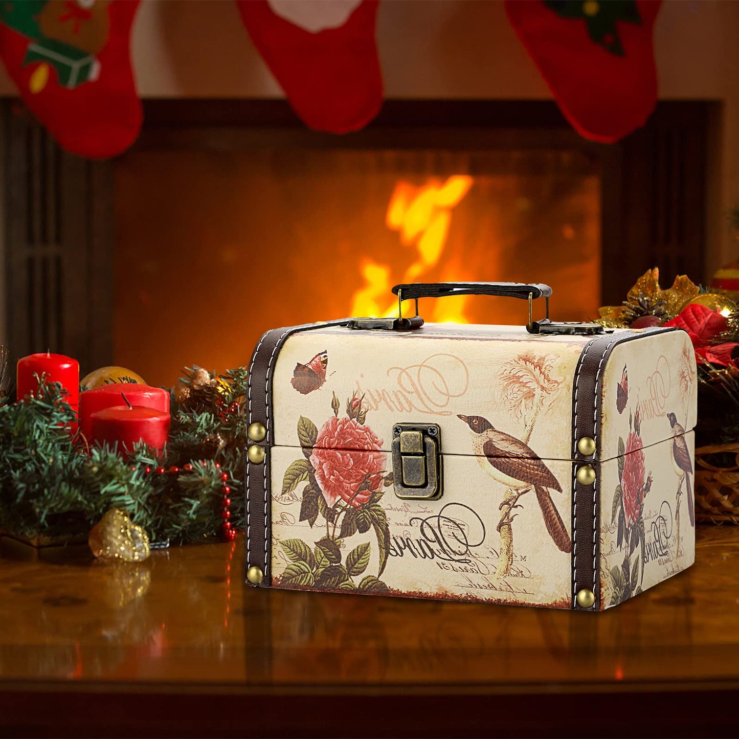 ELLDOO Decorative Treasure Chest Box, Wooden + PU Leather Storage Box for Jewelry Trinkets, Keepsakes box for Girls Women Gifts (Bird + Flower Pattern)