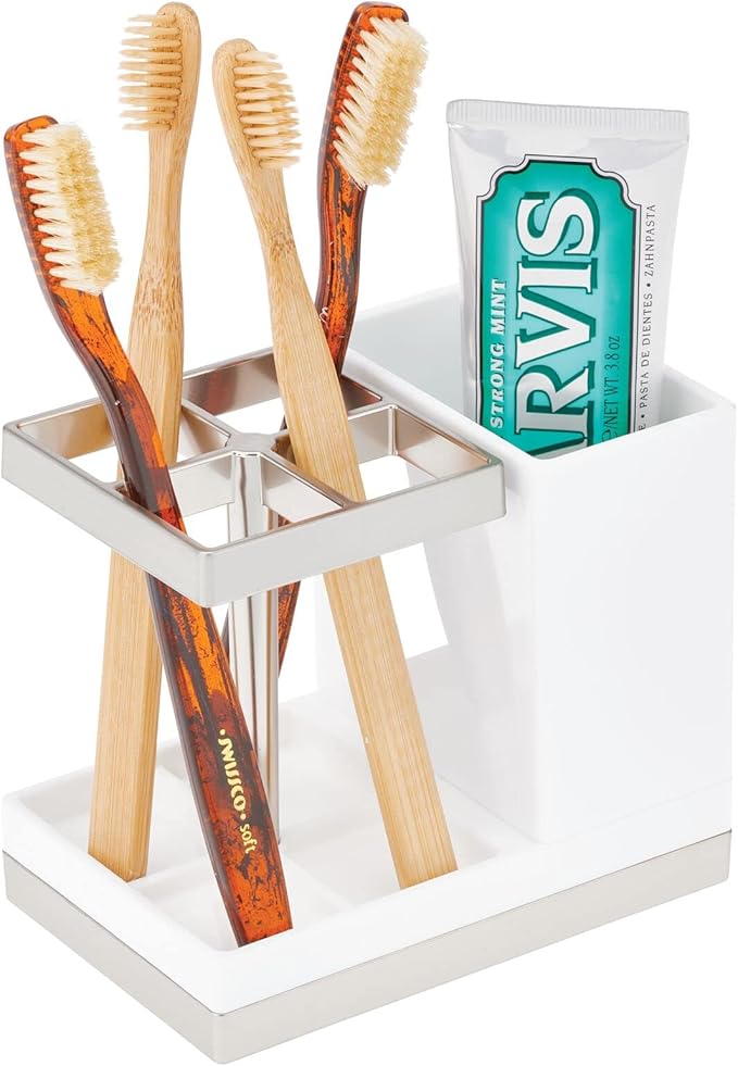 mDesign Plastic Toothbrush and Toothpaste Storage Organizer Holder - Home Decor for Bathroom Countertop - Holds Toiletries and Beauty Accessories - Lumiere Collection - White/Brushed