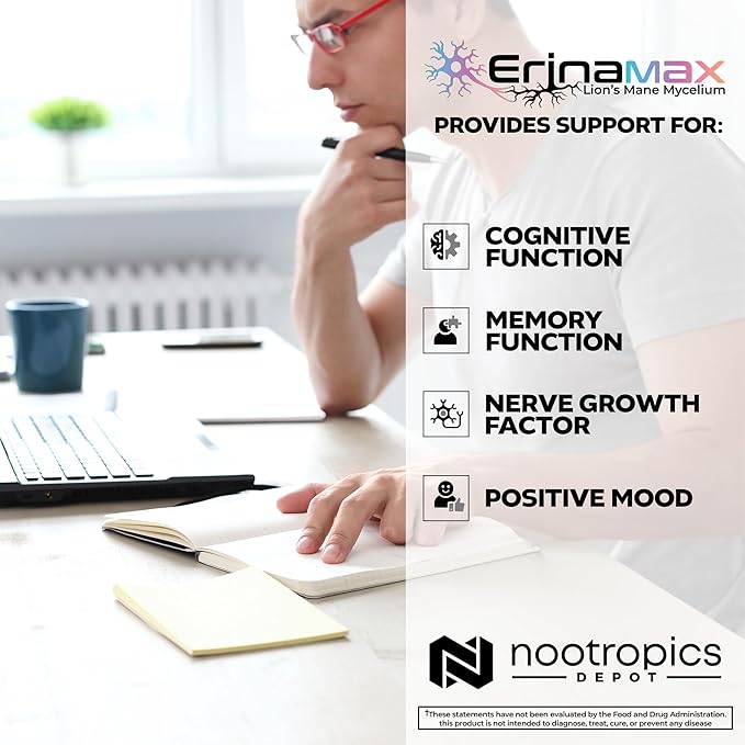 Nootropics Depot Erinamax Lion's Mane 500mg Capsules | Liquid Culture Mycelium | 2.5mg Erinacine A | Mood, Cognition, & Nerve Support | 120 Count