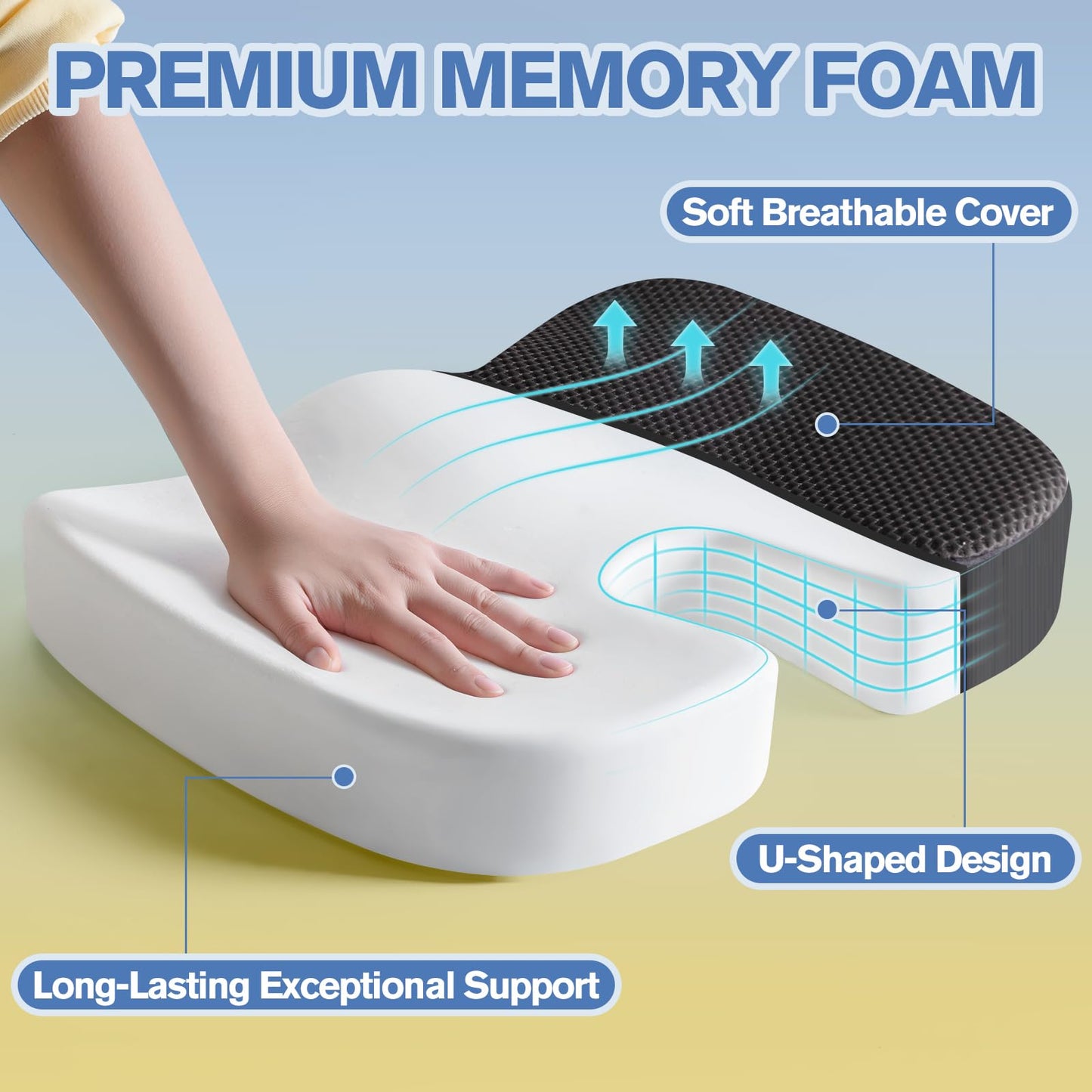 Mureon Seat Cushion for Office Chairs, Large Memory Foam Cushion for Car, Pressure Relief Ergonomic Chair Cushion with Non-Slip Cover for Soft Support for Hip All Day Comfort - Black