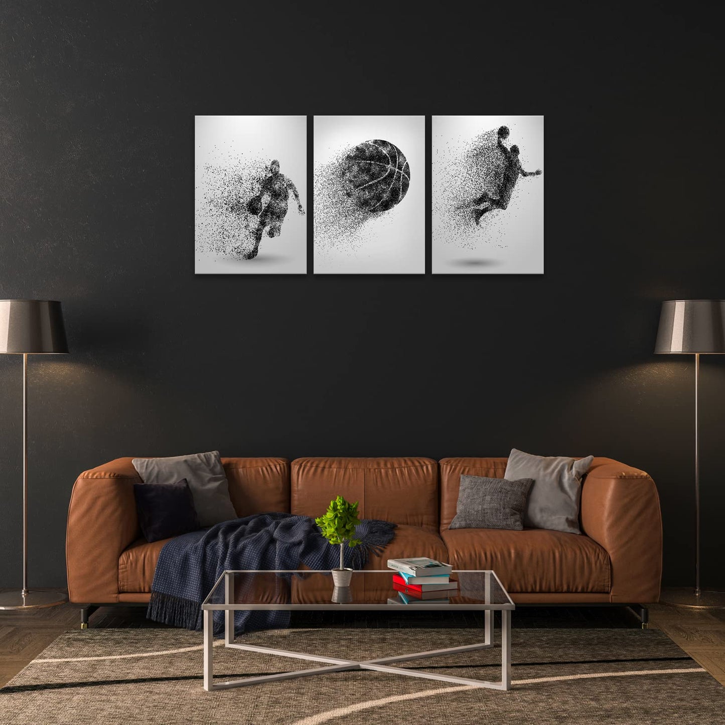 Basketball Canvas Wall Art - Black and White Sports Poster - Particle Silhouette - Set of 3 Framed Ready to Hang