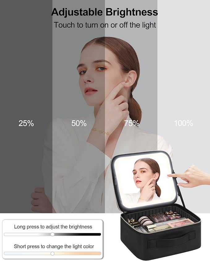 Chomeiu Makeup Bag with LED Mirror, Travel Makeup Case for Women and Makeup Artists Cosmetic Organizer Large Make Up Bags with Light Up Mirror, 3 Color Lights with Separate Brush Holder