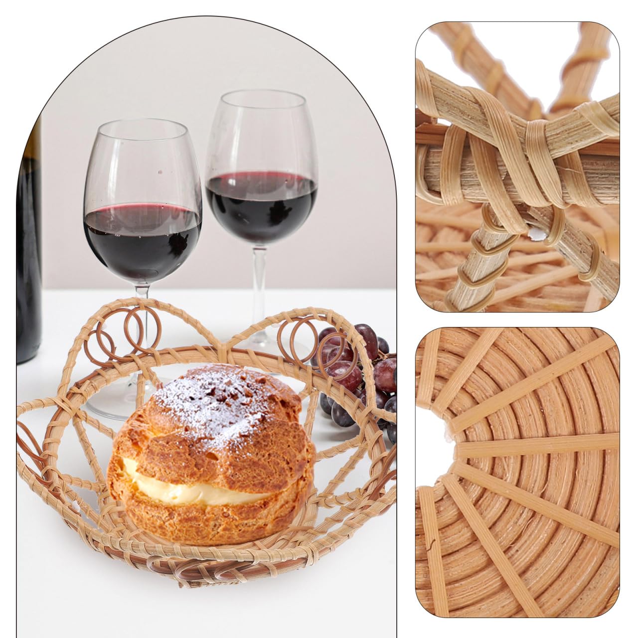 Amosfun Rattan Woven Snack Serving Bowl 6.10X6.10X2.16In Handwoven Decorative Fruit Bread Basket Multi-Purpose Storage Tray for Home Hotel Shop