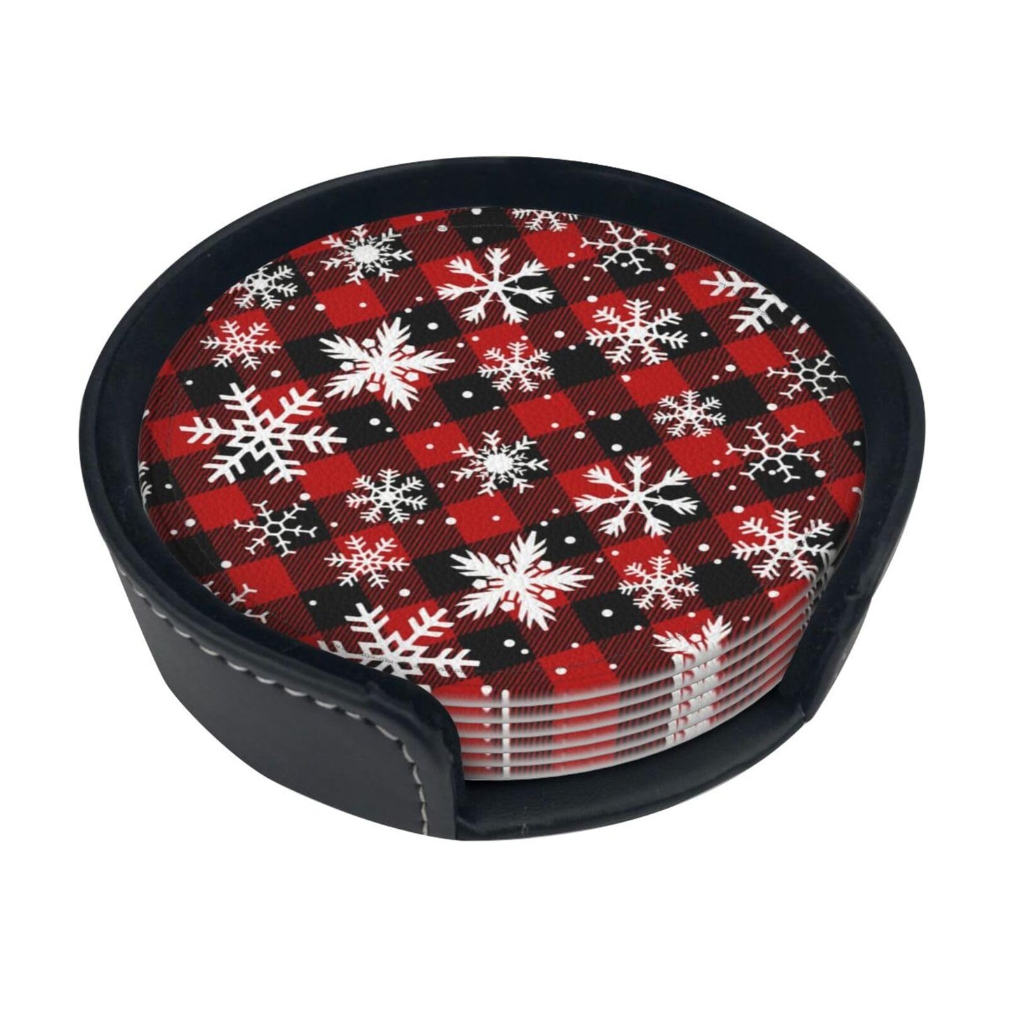 6 Pcs Christmas Coasters for Women Men, 4 Inch Xmas Red Plaid Coaster with Holder for Home Kitchen Office Table Decor