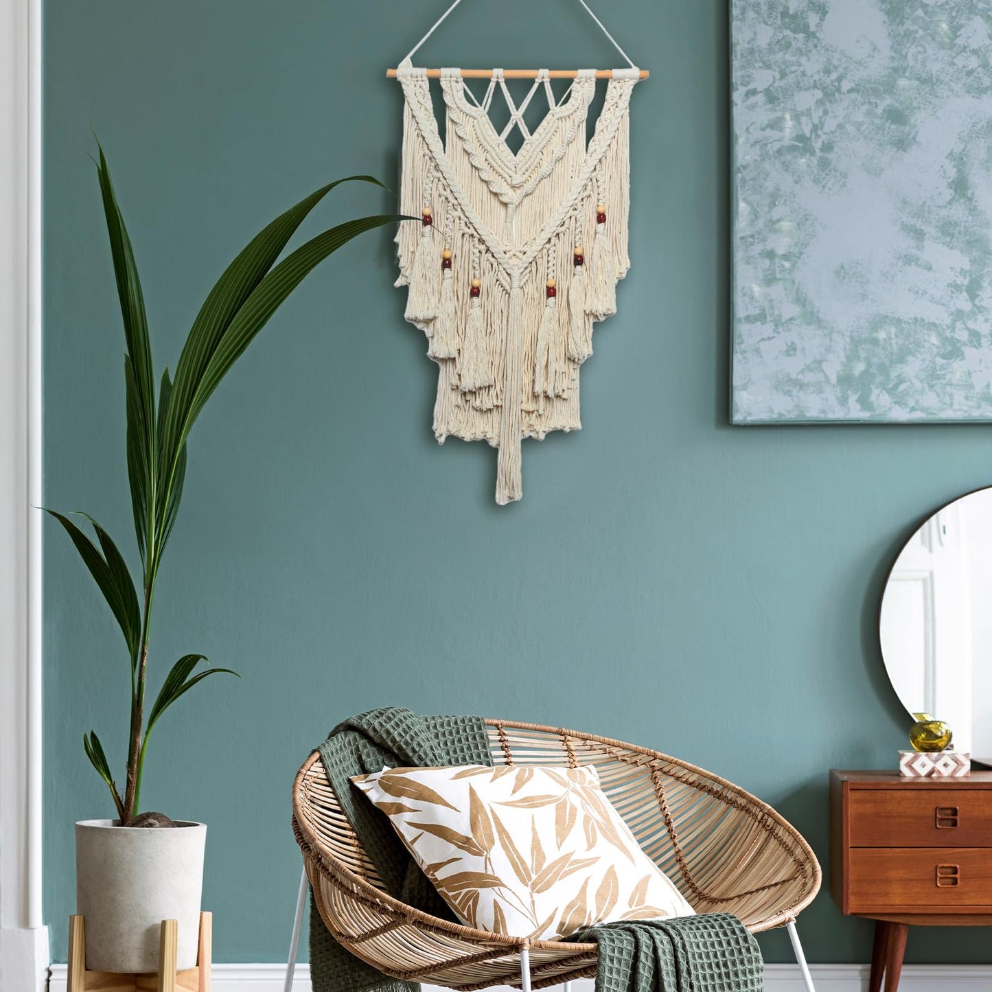 JONKASIPA Macrame Woven Wall Hanging, Bohemian Wall Decor Chic Woven Tapestry Handmade Crafts Tassel Lace Hanging Home Decor Perfect for Bedroom Living Room Apartment (Beige)