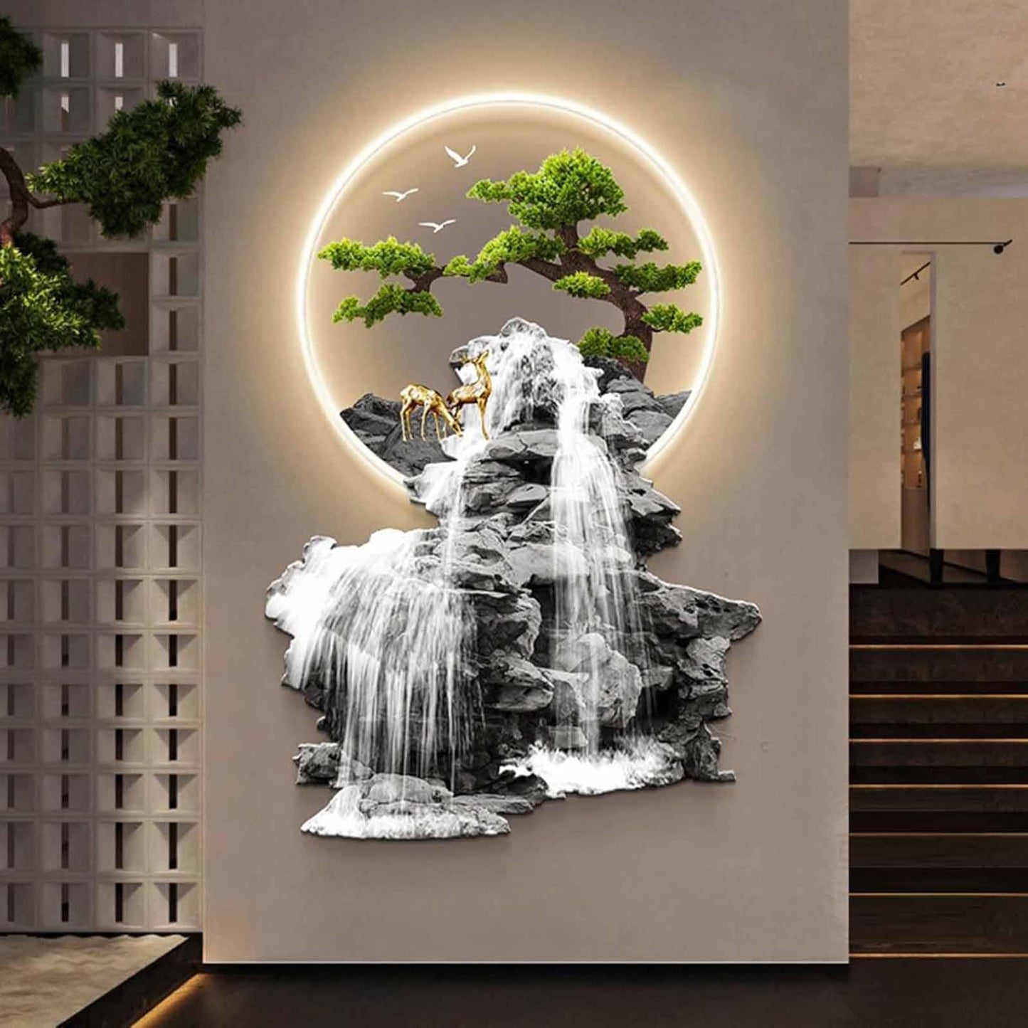 YFQHRXYS 3D Oriental Waterfall Wall Art with LED Light,Oriental Welcoming Pine Landscape for Living Room Office Decor,Modern Art Wall Decor Sculptures, Plug-in Power Supply, Remote Control（50 * 75cm）