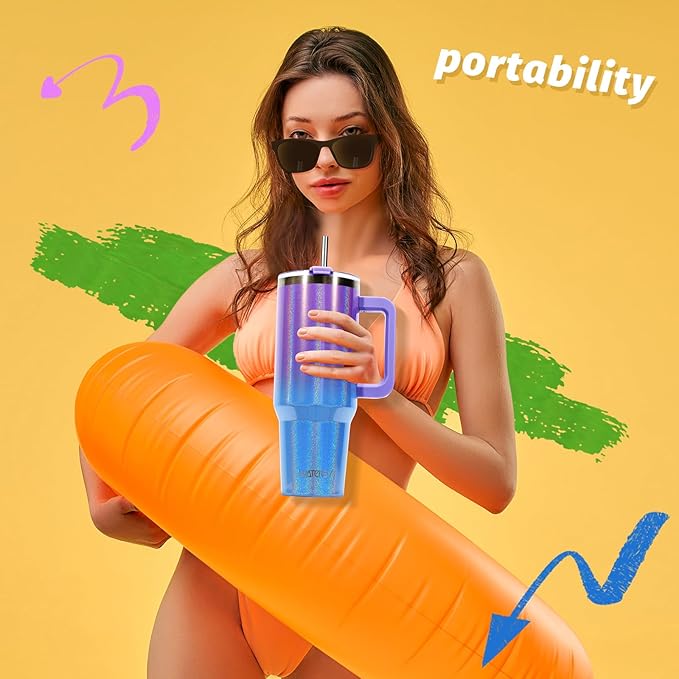 30 oz Shiny Tumbler with Handle and Straw,Stainless Steel Tumbler with Lid and Straw,Insulated Travel Mug(Cold for 34 Hours),Water Bottle for Iced Tea,Coffee (Purple)