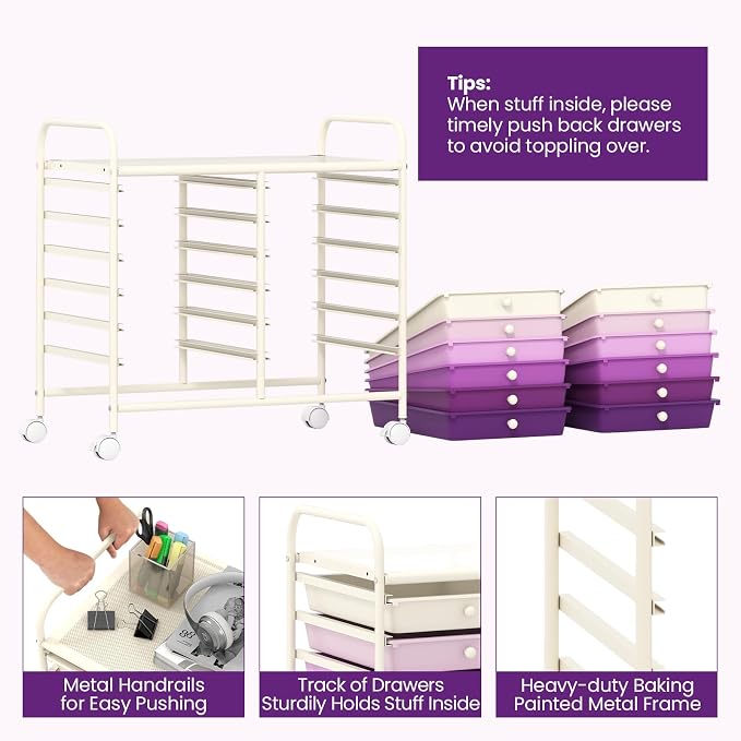 COSTWAY 12-Drawer Rolling Storage Cart, Utility Storage Organizer Cart for Tools, Scrapbook, Paper, Craft, Multipurpose Art Supply Organizer on Wheels for Home Office School, Teacher, Purple Gradient