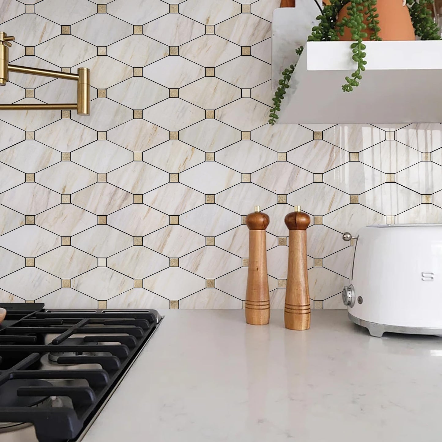 STICKGOO 10 Sheets Peel and Stick Backsplash, Polished Eurasia Biege Marble Look Kitchen Backsplash, Glossy Waterproof Stick on Backsplash for Kitchen Wall, Bathroom