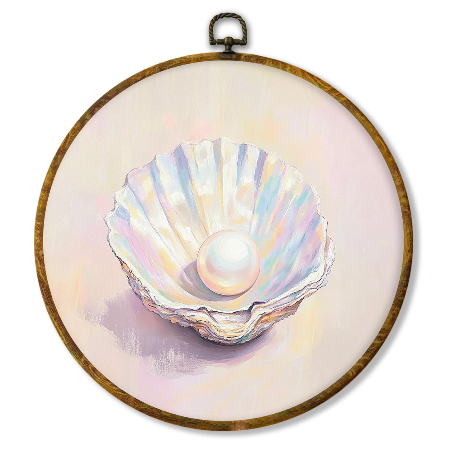Hiuwevt Pastel Pearl in Shell Round Wall Art Decor, Coastal Beach Seashell Hanging Canvas Prints Artwork Framed, Ocean Beachy Conch Circular Wall Decor for Home Bedroom Living Room, 10x10 Inch