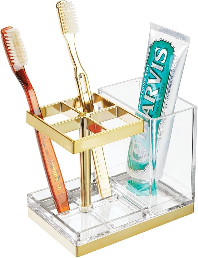 mDesign Plastic Toothbrush and Toothpaste Storage Organizer Holder - Home Decor for Bathroom Countertop - Holds Toiletries and Beauty Accessories - Lumiere Collection - Clear/Soft Brass