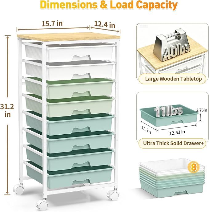 SUNALLY Rolling Storage Utility Cart With 8 Drawers, Storage Drawer Cart with Wooden Tabletop and 2 Lockable Wheels, 8 Tier Rolling Cart for Craft Art Supply Storage & Home Office Organization, Green