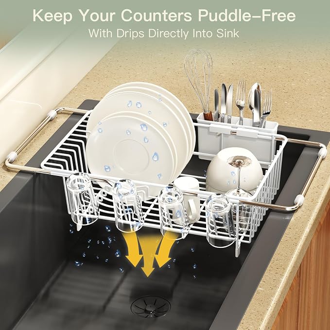 MAJALiS White Dish Drying Rack Over The Sink with Utensil Holder | Expandable Stainless Steel Dish Drainer for Small Kitchen, Apartment, RV, Counter Space Saving, Perfect Fit, Rustproof