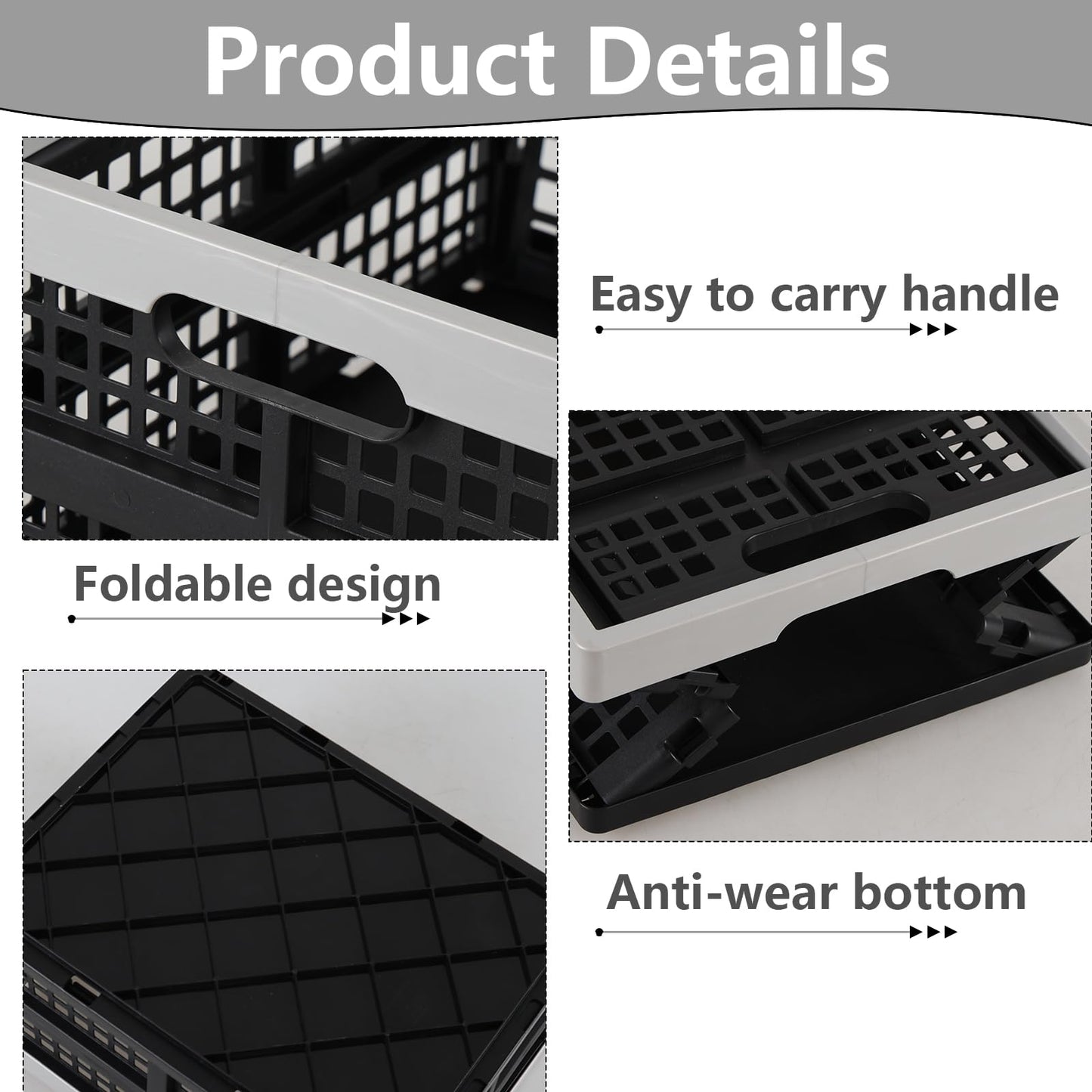 Innouse Pack of 3 Small Collapsible Storage Crates, 16 L Black Plastic Milk Crates