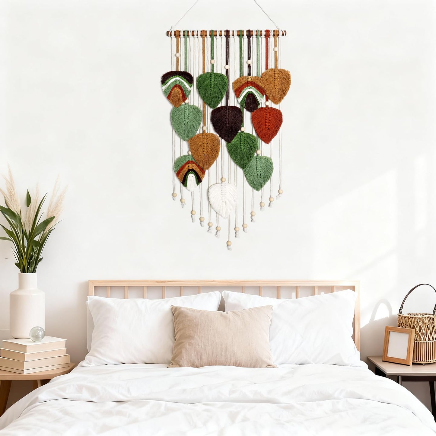 MEIVINES Macrame Wall Hanging Boho Woven Tapestry,Chic Home Decor Modern Bohemian Handmade Leaf Feather Tapestry Wall Art Decor for Bedroom Living Room Nursery Apartment Backdrop 16 X 34 Inch