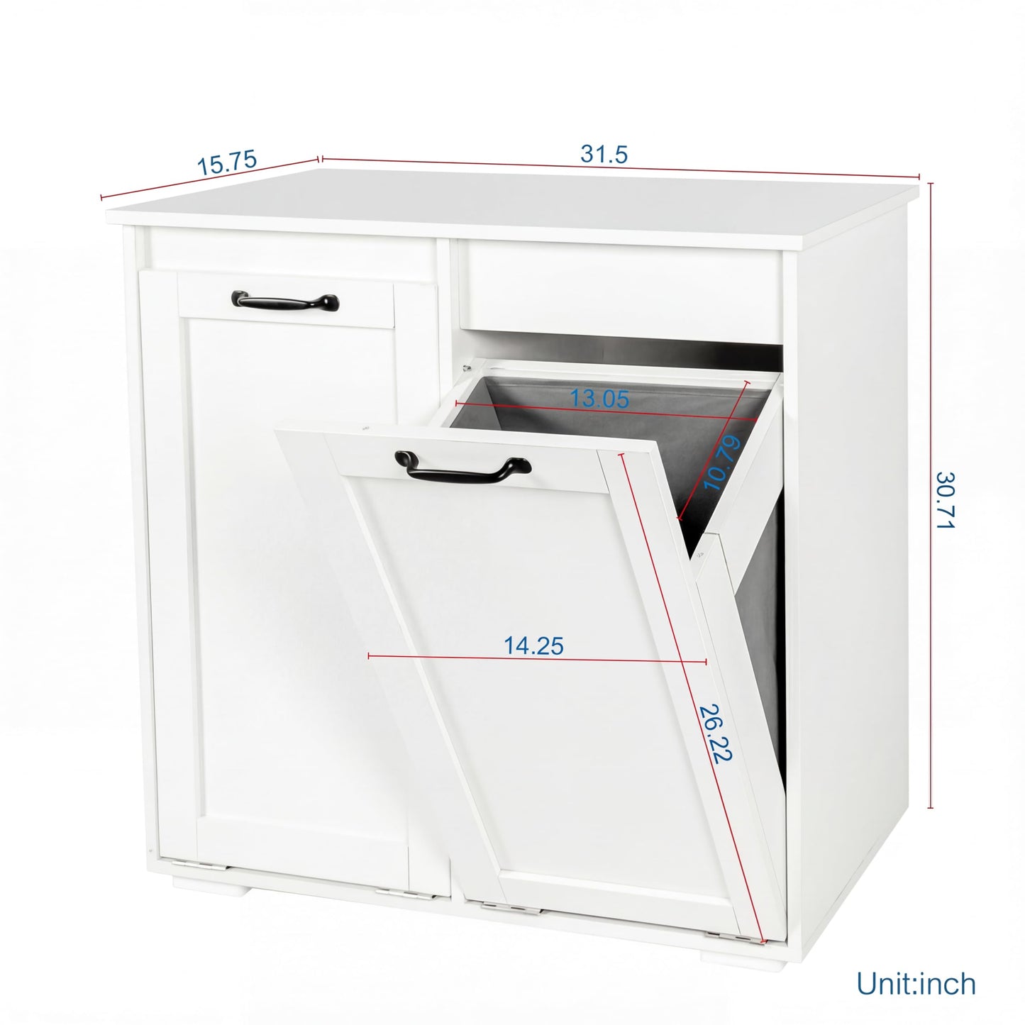 White Laundry Cabinet with 2 Removable Liner Bags, Particle Board and MDF, 31.5 x 15.75 x 30.31 Inches, Dual Compartment Hamper Sorter