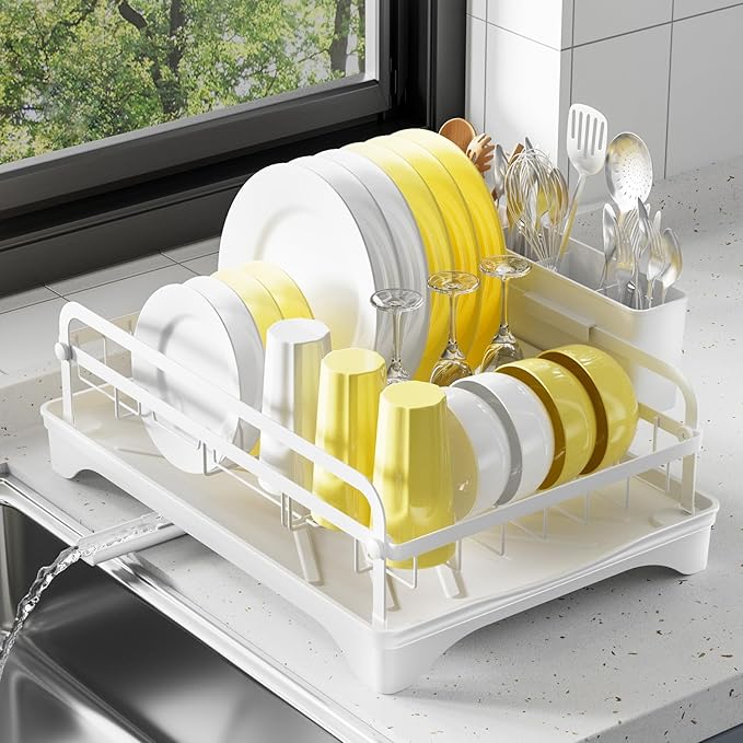 LIYI Dish Drying Rack for Kitchen Counter - Kitchen Dish Rack with Drainboard, Small Dish Drainer with Utensil Holder for Sink, 16.5" D x 11.6" W x 6.6" H, White
