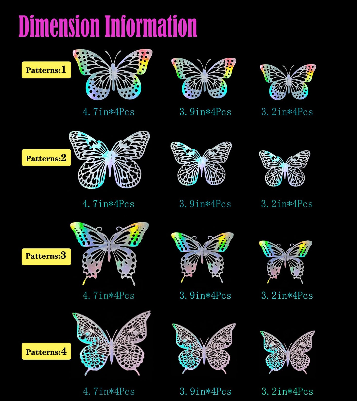 JOSDIOX 3D Laser Sivery Butterfly Wall Stickers - 48 Pcs with 4 Styles & 3 Sizes, Removable Decor for Party Birthday Wedding Cake Balloon Decoration (48 Laser Sivery)