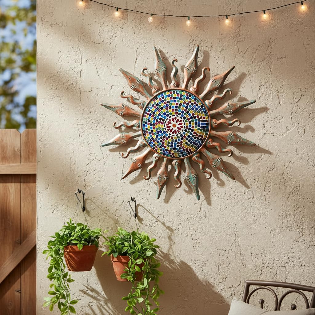 HOBYLUBY Mosaic Outdoor Wall Decor Rust Proof, Sun Face Metal Wall Art Decor Hanging for Indoor Outdoor, Patio, Fence, Garden