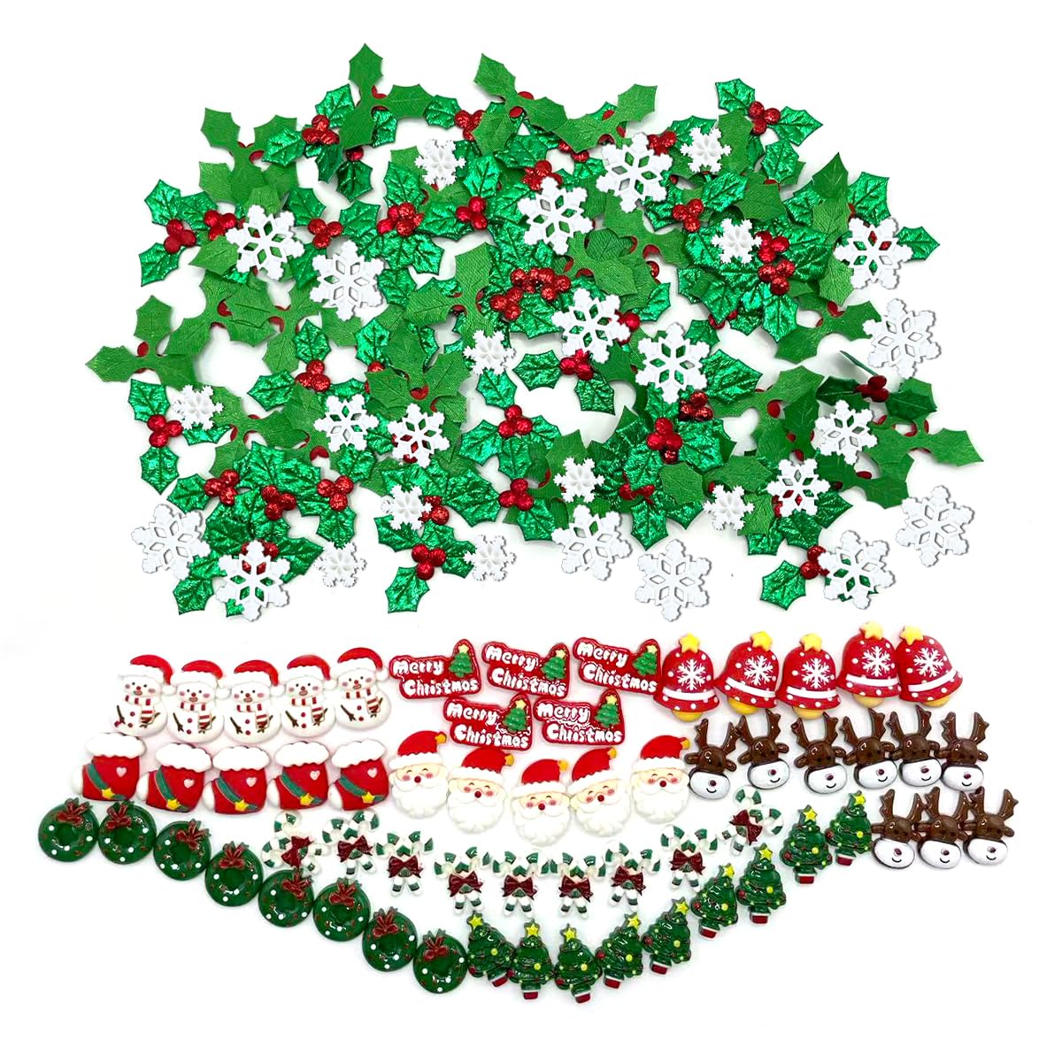 Yxtwaeh 210 Pcs Mini Christmas Decorations for Crafts, Holly Leaves with Berries Miniature Snowflake Resin Charms Santa Snowman Flatback Embellishments for Xmas Wreath DIY Craft