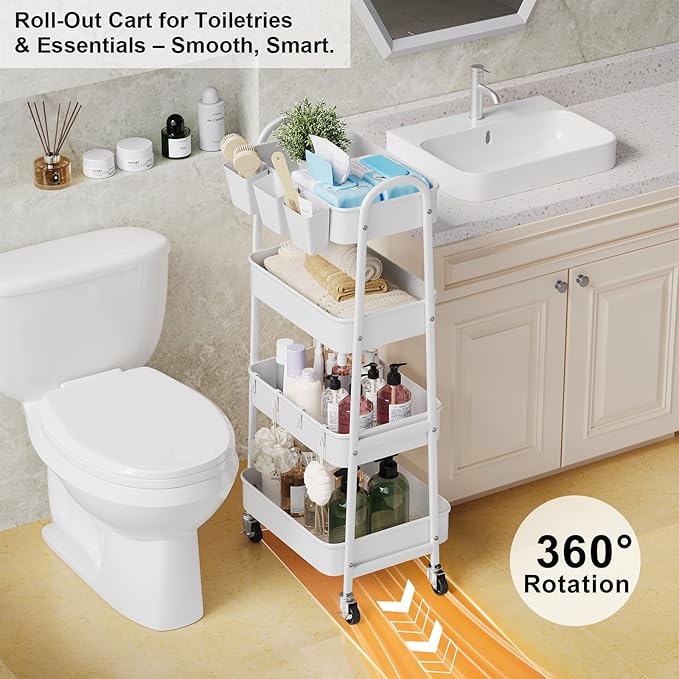 White 4 Tier Rolling Cart Metal with Wheels, Heavy Duty Utility Storage Organizer Carts on Wheels, Four Tiered Roller Cart for Kitchen, Book, Snack, Craft, Art, Dorm, Large Capacity Basket, 38in Tall