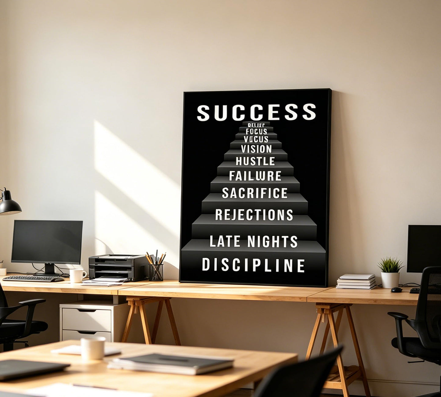 Inspirational Canvas Wall Art,Success Stairs Painting Picture Wall Decor,Black Motivational Poster Print Artwork,Positive Work Quotes for Men Bedroom Living Room Office Home Decoration,12x16 Inch