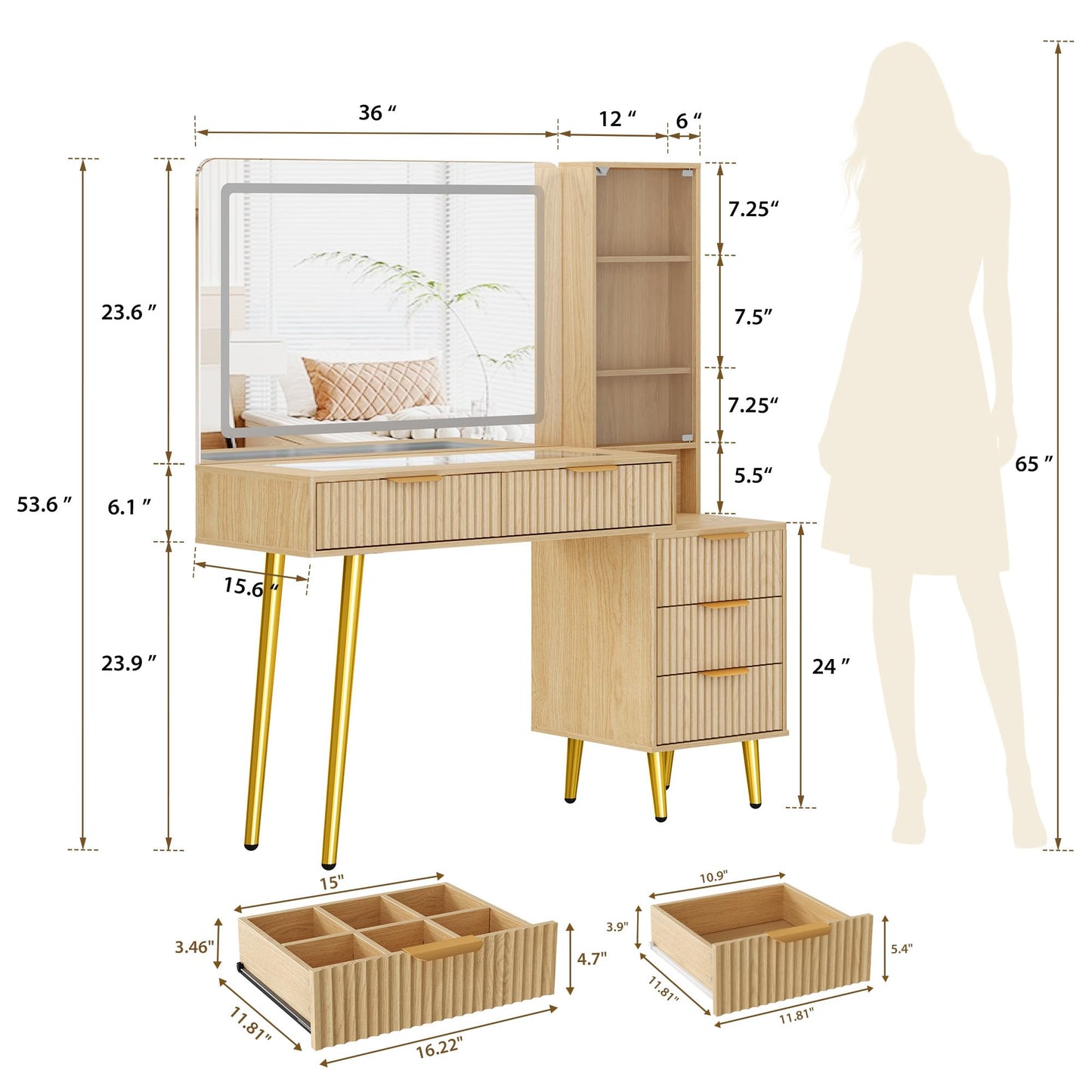 Garvee 48" Fluted Makeup Vanity Desk with Mirror and Lights, Glass Top Vanity Table with 5 Drawers, Open Shelf and Power Outlet, Modern Dressing Table for Bedroom and Living Room