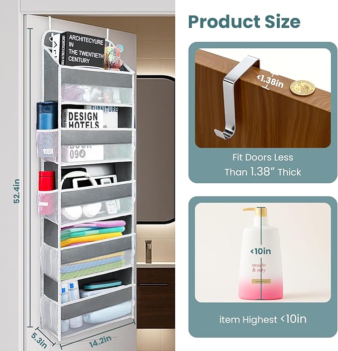 Easy Assembly Over The Door Organizer, 6 Shelves& 10 Side Pockets, Heavy-Duty Reinforced Mesh Rack Holds 44lb, Hanging Behind Door Storage for Bathroom Pantry, Nursery, Closet, Shoes, Towels-Grey