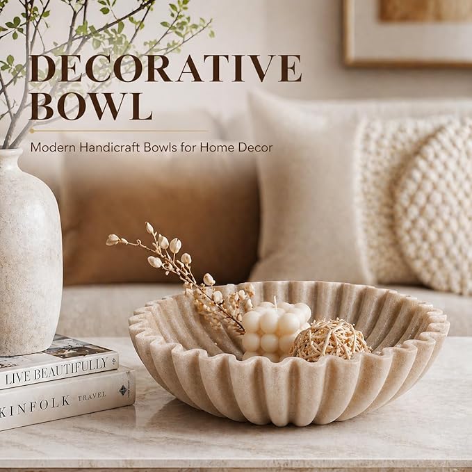 YMXYJM Large Decorative Bowl, Modern Handicraft Bowls for Home Decor, Fruit Bowl for Kitchen Counter, Ruffle Decor, Stylish Key Bowl for Entry Table, Artificial Stone Beige