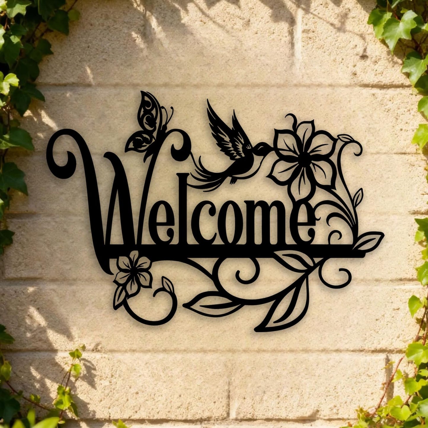 OPTYBVFD Welcome Sign Flower Butterfly Metal Wall Decor - Room Decor Wall Art Home Decor for Living Room, Outdoor, Garden, Farmhouse (Black)