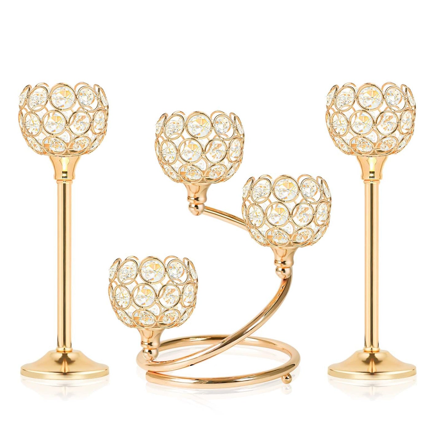 KEHAIL Gold Metal Crystal Candle Holder Set of 3 - Elegant 5-Arm Metal Tea Light Centerpiece with Shining Crystal Bowl, Wedding Anniversary Table Decor for Dining, Party