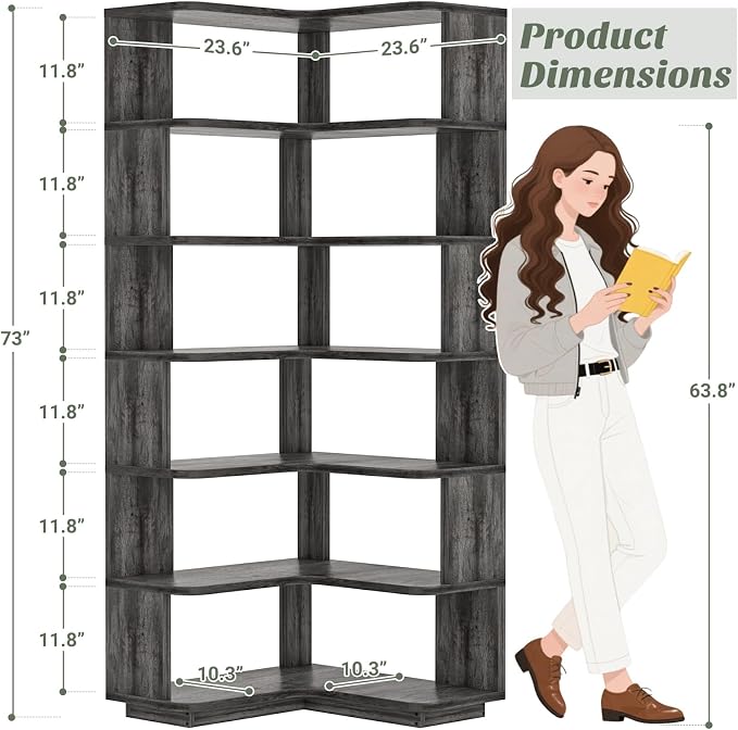 Armocity Corner Book Shelf - 7 Tier Corner Bookshelf Etagere Bookcase with Baffle, Freestanding L Shaped Display Shelf Stand for Home Office, Living Room, Bedroom, Kitchen, Grey Oak