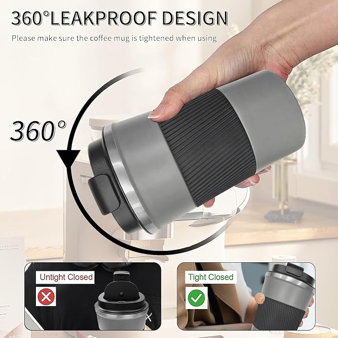 YINBAOGE Insulated Travel Coffee Mug, Spill & Leak Proof, Portable To Go Camping Stainless Steel Coffee Tumbler, Reusable Thermal Coffee Cup with Lid for Hot & Cold Drinks (Grey, 17 OZ)