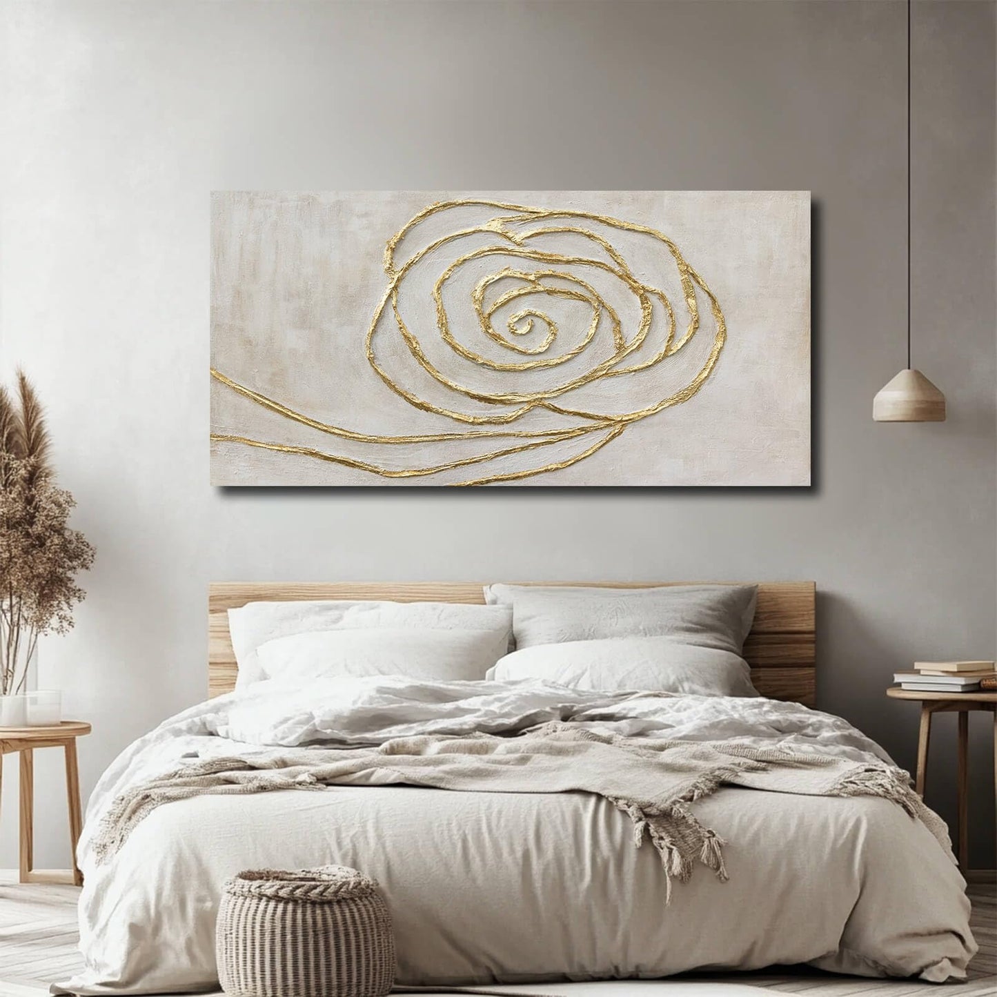 XIANSHOU Textured Wall Art Pictures Line Wall Paintings Beige and Gold Wall Decor for Walls 24"x48" Artwork for Bedroom Office Decorations