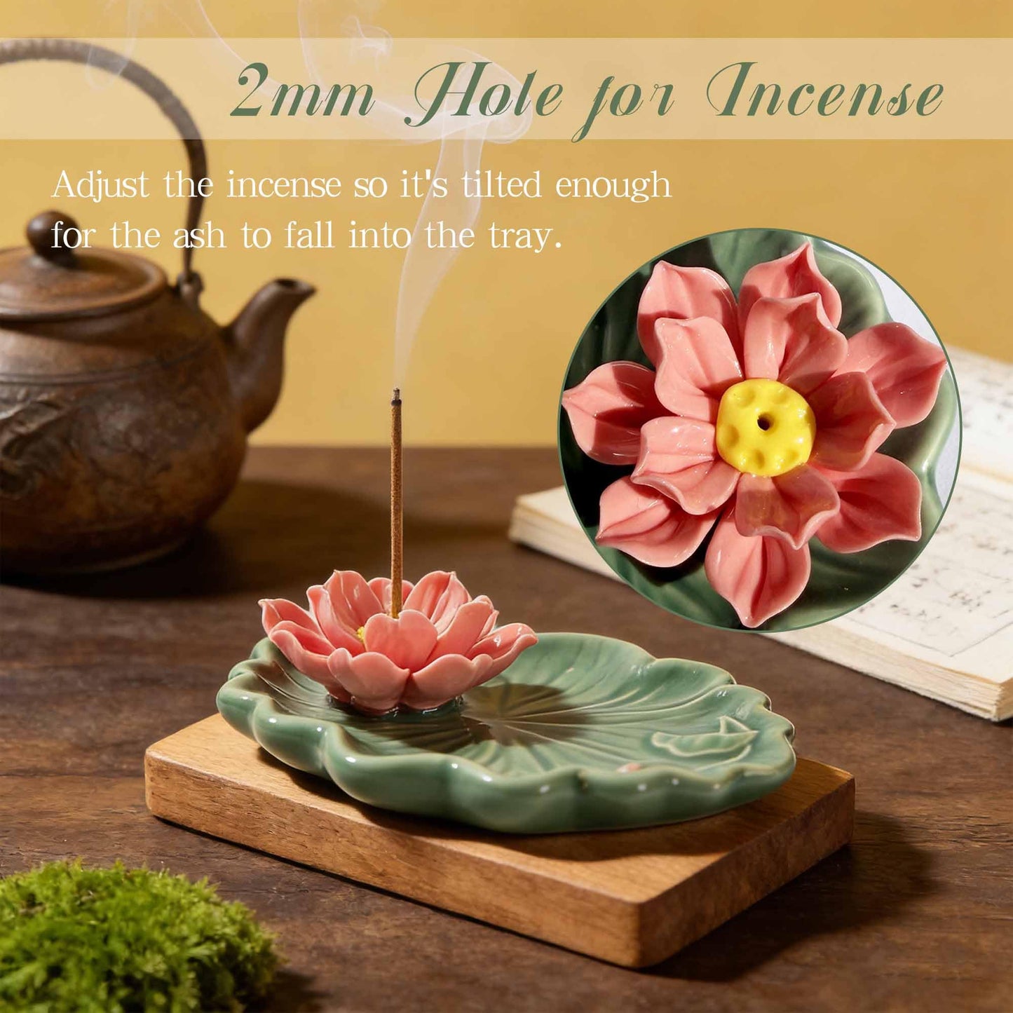 Lotus and Leaf Incense Stick Holder with Hole, Green Porcelain Incense Tray Ash Catcher for Spa, Meditation Room, Yoga, Home, Office, Ash Tray, Jewelry Tray