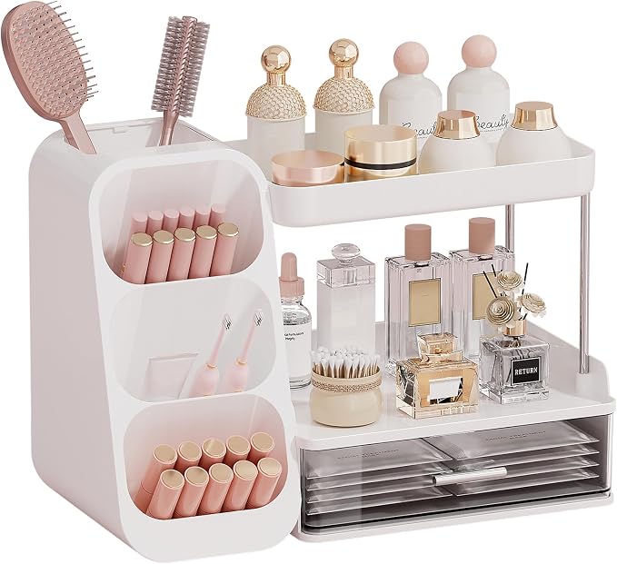 UFORU Makeup Organizer for Vanity with Brush Holder, 2 Tiers Countertop Skincare, Cologne Organizer and Perfume Stand for Bathroom Vanity, Large Capacity Makeup Storage, White
