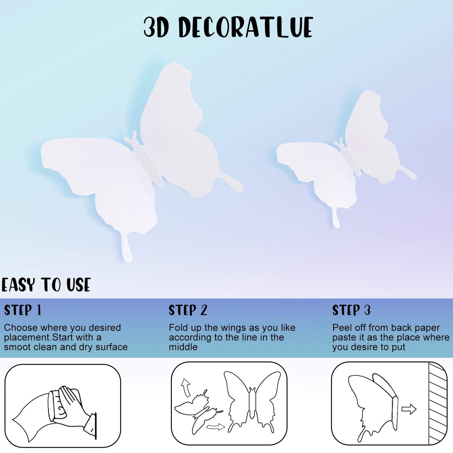 BBTO 48 Pieces Butterfly Wall Decor DIY 3D Mirror Butterfly Stickers Removable Decals Crafts for Birthday Party Bedroom School Bathroom Living Room Decor(White)