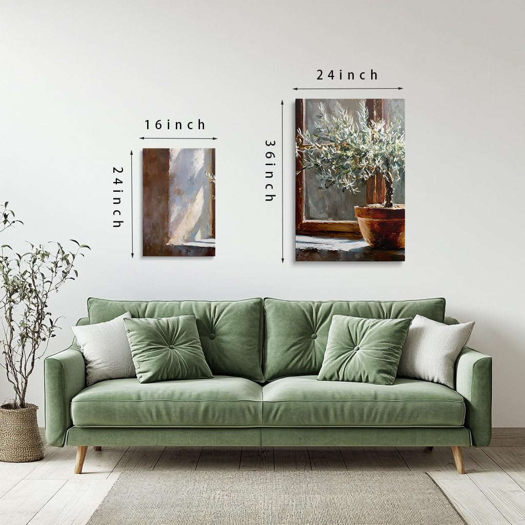 Madayos Potted Olive Tree 3 Piece Canvas Wall Art Window Sill Still Life Triptych Wall Decor For Living Room Bedroom Rustic Botanical Mediterranean Home Decor (24x36 inch)