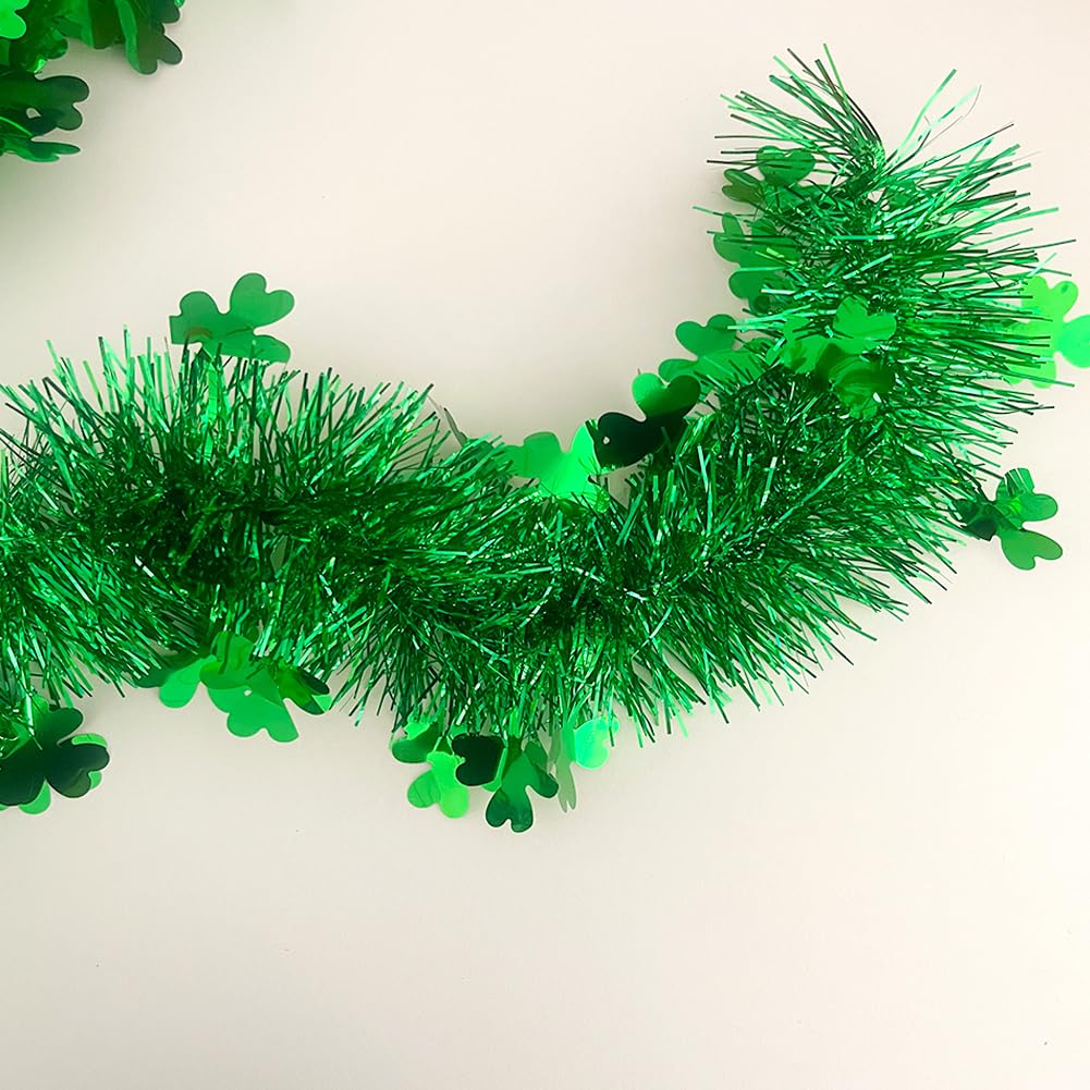 33 Ft St.Patrick's Day Tinsel Garland, Shiny Thick Green Garland with Shamrock Designs Irish Holiday Party Clover Hanging Decorations for Saint Patrick's Day Home Indoor Outdoor Party Decor