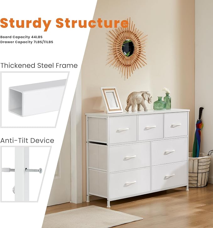Sweetcrispy 7 Drawer Dresser Storage Organizer with Fabric Bins, Sturdy Steel Frame and Wood Top, Easy Pull Handles, for Bedroom Closet Hallway Entryway,White