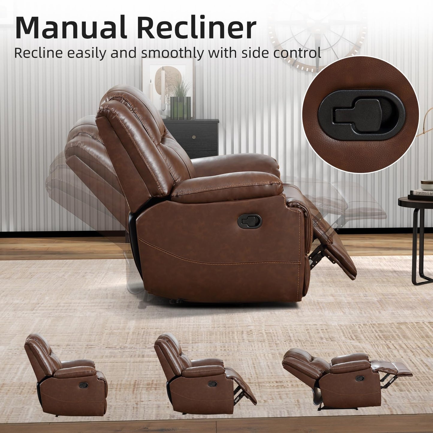 EBELLO Genuine Leather Manual Recliner Sofa Set, 1 Seat Reclining Chair, a Loveseat, a 3 Seater Sofa with Storage Cup Holders, Modern Durable Home Furniture Set for Living Room, Vintage Brown