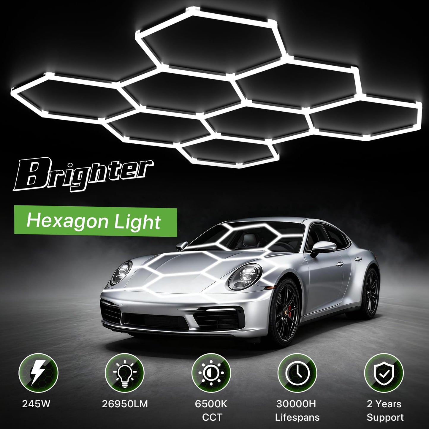 Glitgate Hexagon LED Garage Light, 245W 26950LM 8-Grid Honeycomb Hex Lighting System, 6500K Ultra Bright Ceiling Light for Garage, Car Detailing Shop, Workshop, Basement, Gym