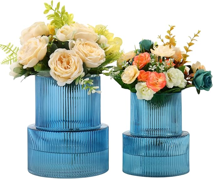 Ribbed Glass Vases for Bouquet, Set of 2 Blue Vases for Flowers, Blue Glass Vase for Tulips, Modern Vase for Living Room, Office, Coffe Table, Dining Table, Shelf, Wedding