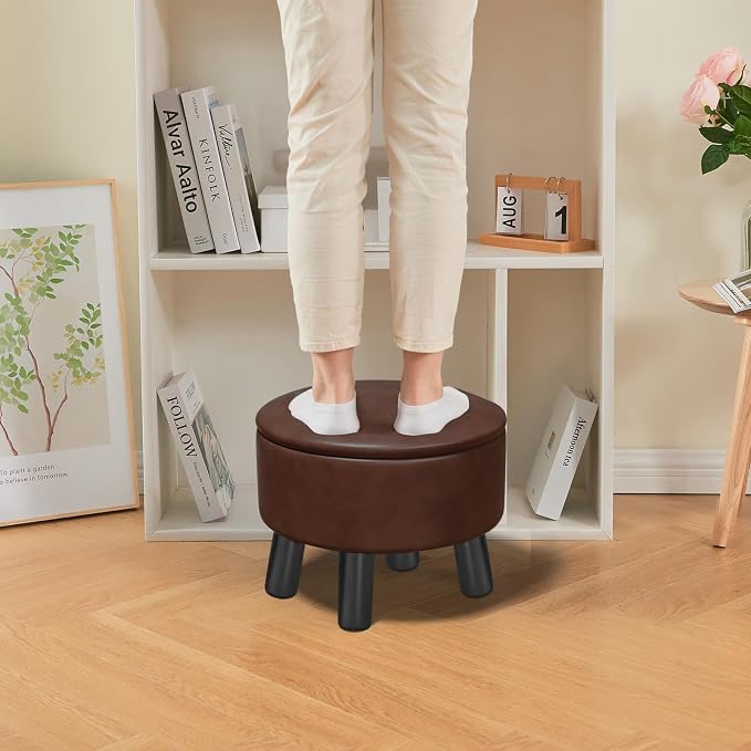 Small Foot Stool Ottoman with Storage, Faux Leather Ottoman Foot Rest for Couch, Round Footstool Ottomans for Living Room (Brown)