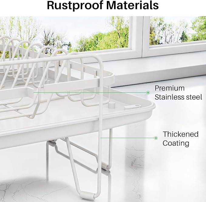 SNTD Dish Drying Rack - Large Dish Racks for Kitchen Counter, Expandable Dish Drainers with Cutlery Holder Stainless Steel Rustproof (White)
