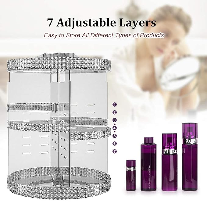 Awenia Makeup Organizer 360-Degree Rotating, Adjustable Makeup Storage, 7 Layers Large Capacity Cosmetic Storage Unit, Fits Different Types of Cosmetics and Accessories, Plus Size(Gray)