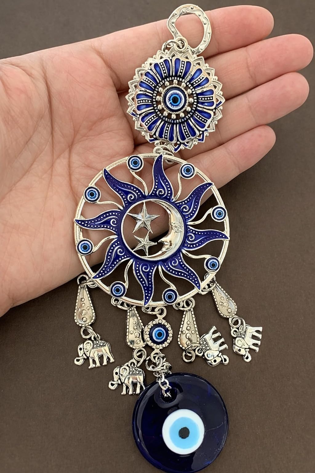Turkish Sun,Moon & Stars Evil Eye Wall Hanging, Blue Nazar Glass Decor, Celestial Guardian Ornament for Home -CL17