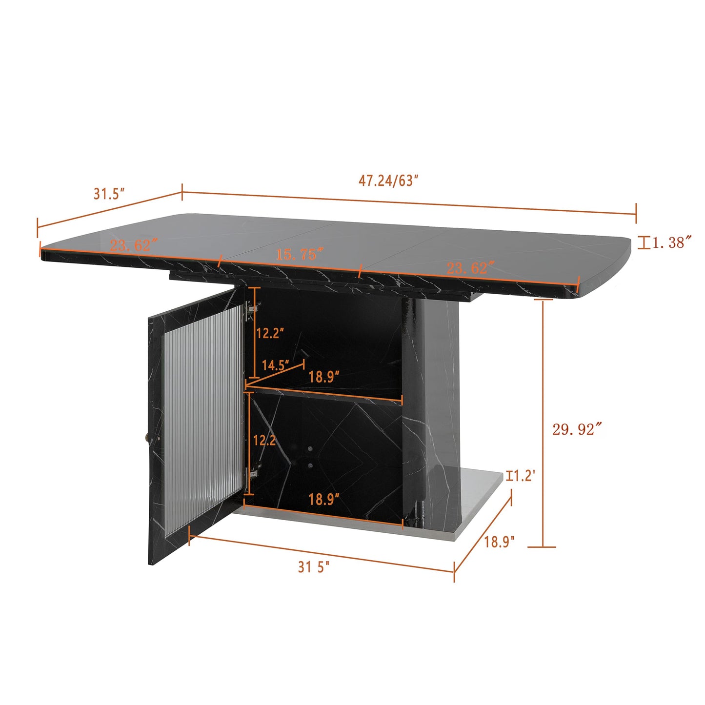 GDFStudio 47.24"-63" Farmhouse Extendable Dining Table for 4-6, Printed Marble Top Rectangle Dining Table with Storage Shelves & Glass Door Cabinet, Space Saving Kitchen and Dining Room Table, Black