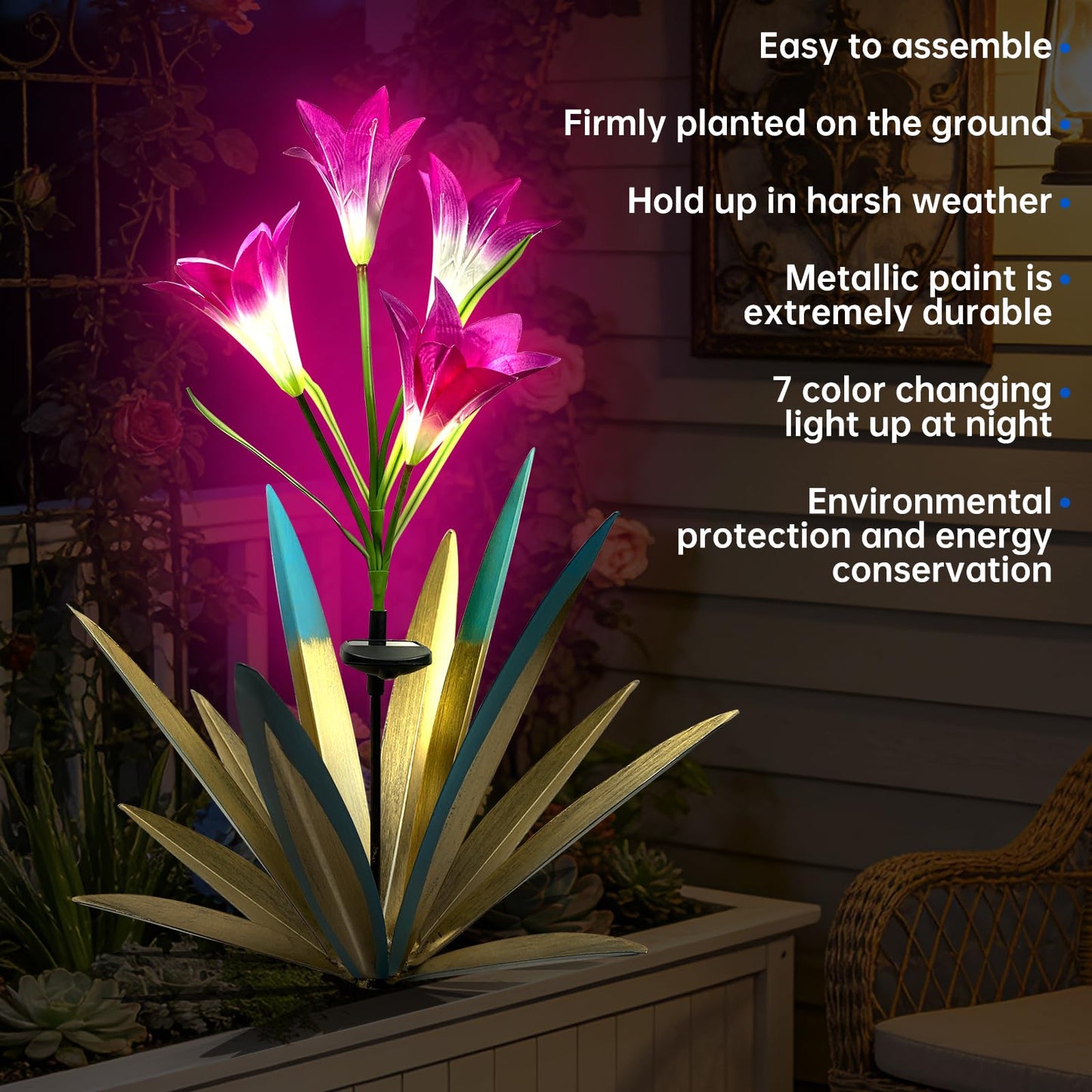 Homight Solar Metal Agave Lily Flower Garden Sculpture with LED Lights 30.3 Inch Waterproof Outdoor/Indoor Yard Decor Handmade Lawn Ornament Gift for Family Friends (3, Blue)